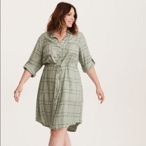 Torrid Olive Plaid Drawstring Shirt Dress